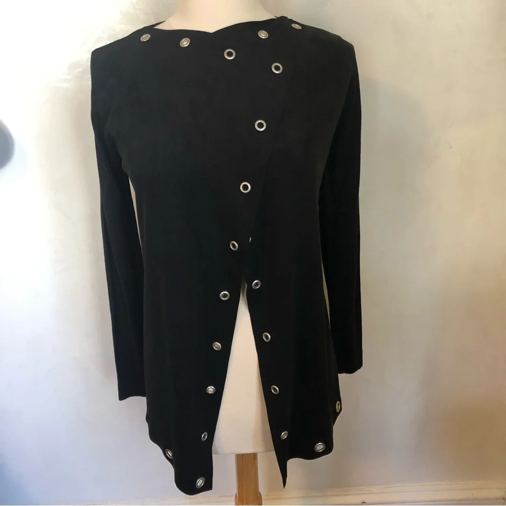 Zara Black faux Suede waterfall knit cardigan w/sliver eyelet grommet Size Small